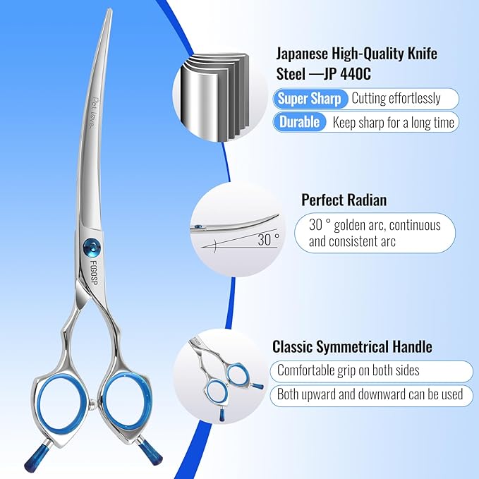 Curved Dog Grooming Scissors 7.5 in Curve Shears for Pet Dogs Cat Japan 440C 30°Arc Upward & Downward Classic Handle for Trimming Face and Paws(7.5, Curved)