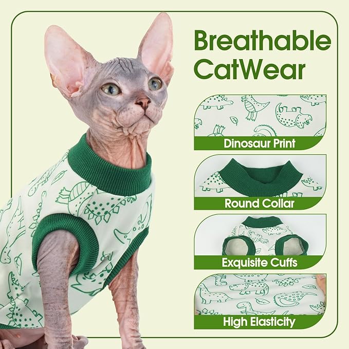Sphynx Hairless Cat Clothes with Dinosaur Print, Pullover Kitten T-Shirts Vest, Sleeveless Bodysuit Cat Pajamas Jumpsuit, Breathable Daily Wear Clothes for Cats