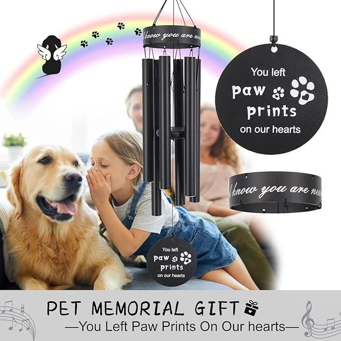 Pet Memorial Wind Chimes, 30 Inches Paw Print Pet Remembrance Gift to Honor and Remember a Dog, Cat, or Other Pet, Premium Metal Wind Chime, Black