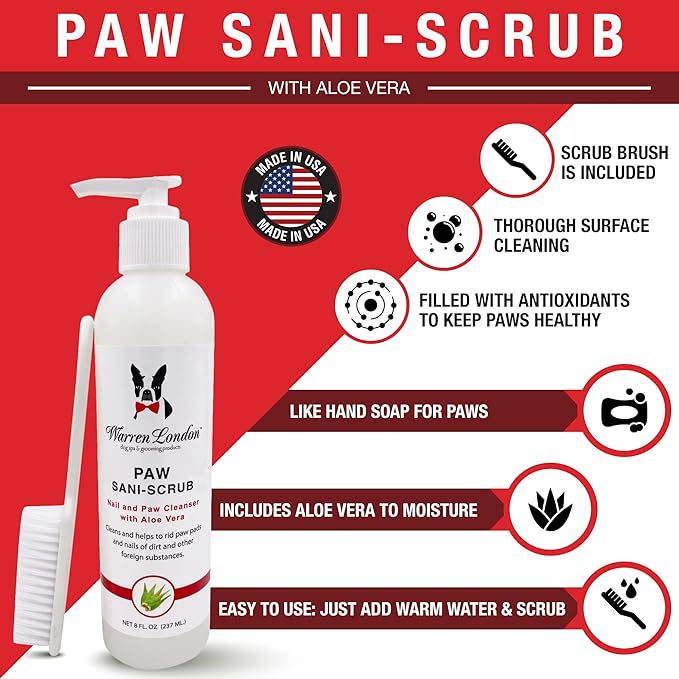 Warren London Paw Scrub – Deep Cleaning Paw & Nail Cleanser with Aloe Vera – Removes Dirt & Grime – Includes Scrub Brush – Made in USA - 8 oz