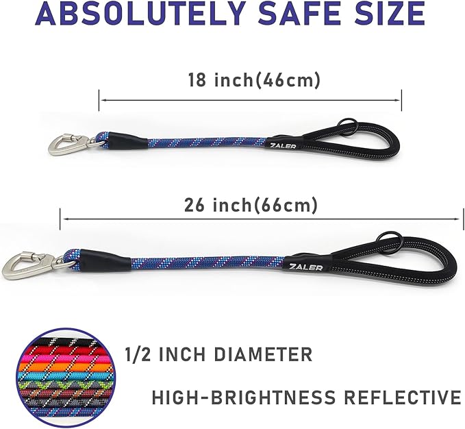 ZALER Short Dog Leash, 26 Inches Rope Traffic Leashes for Dogs, Reflective Dog Lead with O-Ring, Heavy Duty Pet Leash for Large and Medium Dogs (26" Dark Blue)