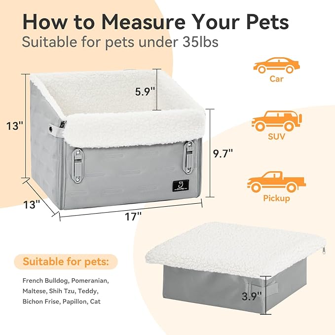 A 4 Pet Dog Car Seats for Small/Medium Dogs, Booster Car Seat with Easy-to-Install Patented Safety Buckle, Pet Seat mit Safety Leash for Dogs Under 35 Lbs