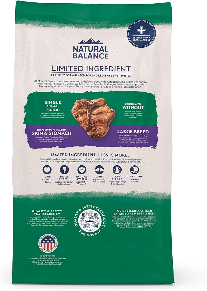 Natural Balance Limited Ingredient Large Breed Adult Dry Dog Food with Healthy Grains, Lamb & Brown Rice Recipe, 12 Pound (Pack of 1)