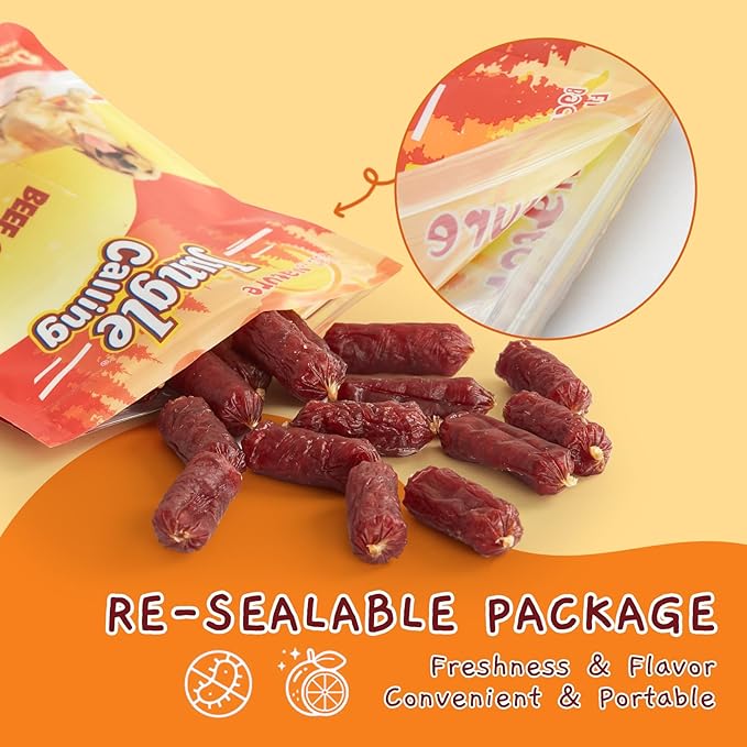 Jungle Calling Beef Sausage Dog Treats, Slow Roasted Beef Jerky Dog Training Treats, Grain-Free Soft Treats for Small and Medium Dogs, 10.6 oz