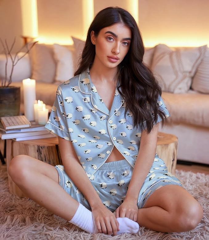 Women’s Silk Satin Pajama Set, Short Sleeve Button Down 2 Piece PJs with Shorts, Cozy Loungewear & Matching Holiday Pajamas