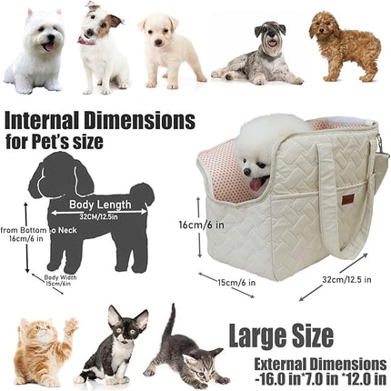 HSC PET Beige Small Dog Bag Woman,Cat Carrier Quilted Pet Soft Sided Leisure Pups Totes Traveling Go to Vet,Pet Function Handbag with 3 Pockets,12 lbs Puppy/15 lbs Cat or Kittens