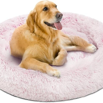 Friends Forever Donut Dog Bed Faux Fur Fluffy Calming Sofa For Large Dogs, Soft & Plush Anti Anxiety Pet Couch For Dogs, Machine Washable Coco Pet Bed with Non-Slip Bottom, 36"x36"x8" Pink