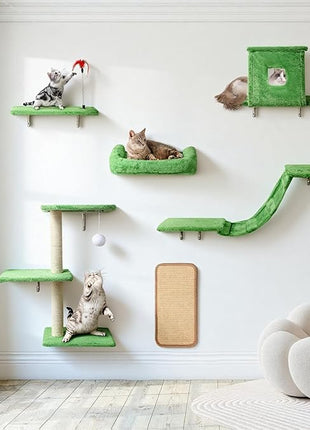 Cat Wall Shelves, 6 in 1 Cat Wall Furniture Set with Condos House, Bed, Bridge, Tree, Steps, Scratching Board, DIY Walls Playground for Indoor (Green)