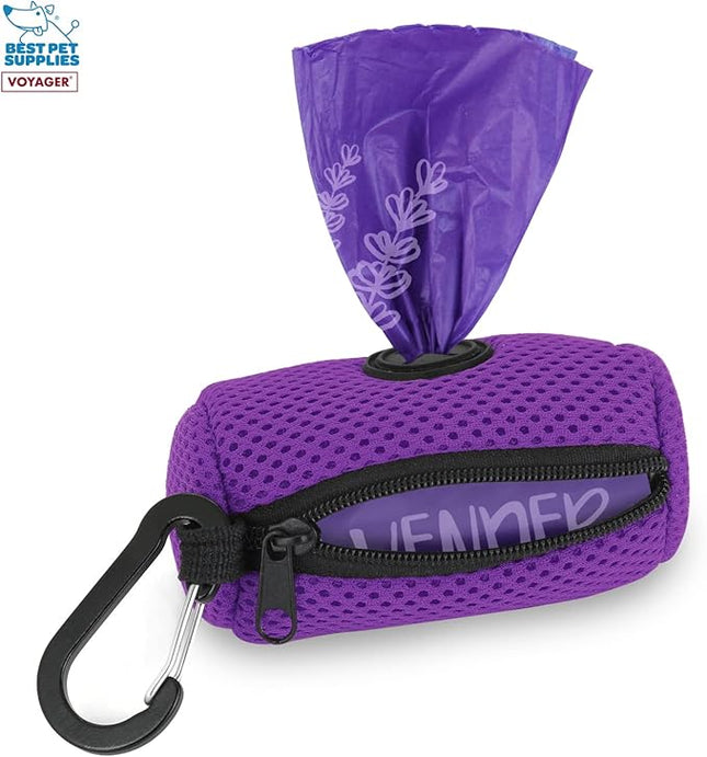 Best Pet Supplies Dog Poop Bag Holder Leash Attachment with 15 Bags, Purple, Reusable Mesh Dispenser Pouch for Travel, Walking, Park, and Outdoor Use, Soft and Durable with Clip-On
