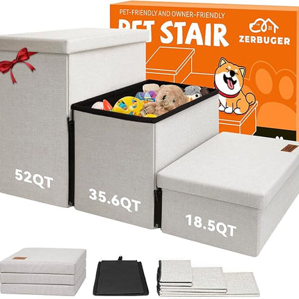 Dog Stairs with Storage 18" H, 3-Step Wider Dog Steps for Small/Medium/Large Old Dogs Cats, Folding Sturdy Pet Stairs Climbing Bed or Couch, Ramp for Car Up to 200 lbs (Beige, No Condo)