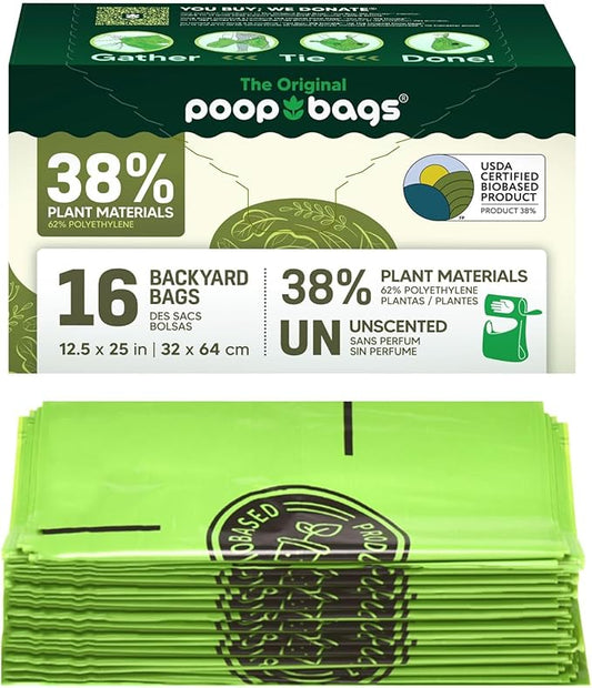 The Original Poop Bags® Backyard Arm-Slot Poop Bags – 38% Plant-Based Dog Waste Bags – Extra-Large 12x24" Bags with Built-In Arm Slot for Backyard Cleanups – Unscented (16 Count)