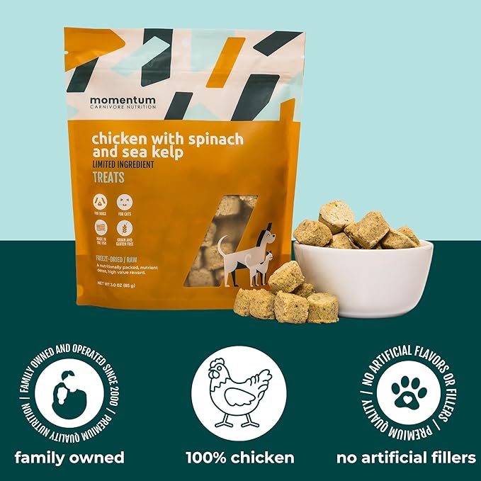 Momentum Carnivore Nutrition Freeze-Dried Chicken, Spinach & Sea Kelp Dog Treats – Single-Ingredient, Dog & Cat Treats – High-Protein, Grain-Free– 3 oz Bag