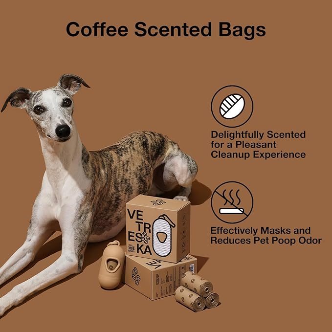 VETRESKA Dog Poop Bags Dispenser with Coffee Scented Waste Bags, Leak Proof, Extra Thick & Strong, 1 Holder and 105 Count Pet Poop Bags (7 Refill Rolls) for Dogs and Cats