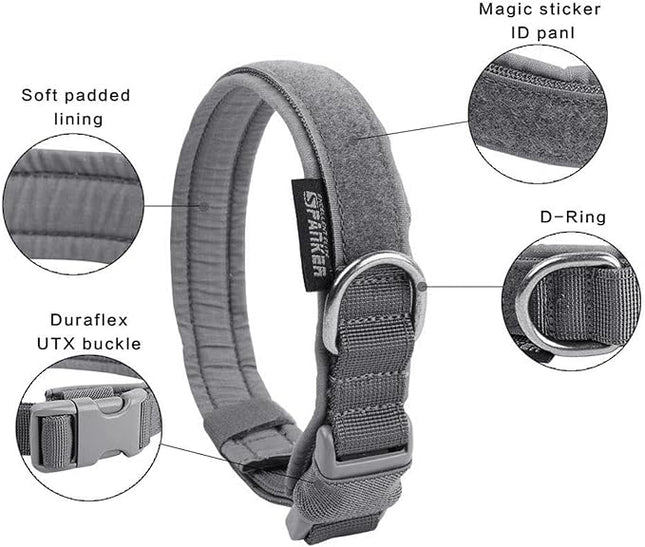 EXCELLENT ELITE SPANKER Tactical Small Puppy Dog Collar Nylon Adjustable Heavy Duty Military for Small Medium and Large Dogs Pet Soft Padded Dog Collar(Gry-M)