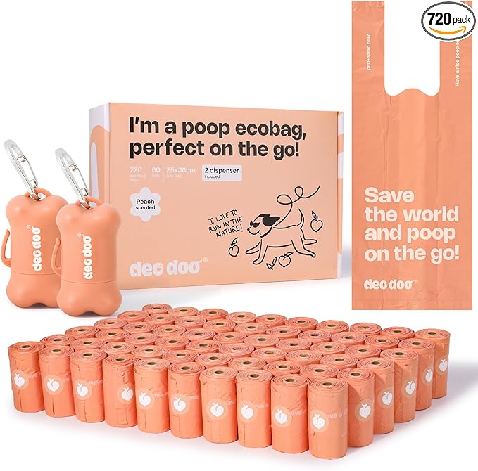 Dog Poop Bags with Handles 60 Rolls 720 Counts Big Sizes Leak Proof and Extra Thick Waste Bags Refill Rolls for Walking Small Medium Large Dogs Cats Litter With 2 Dispensers Peach Scented