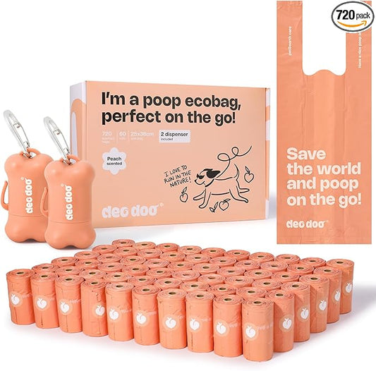 Dog Poop Bags with Handles 60 Rolls 720 Counts Big Sizes Leak Proof and Extra Thick Waste Bags Refill Rolls for Walking Small Medium Large Dogs Cats Litter With 2 Dispensers Peach Scented