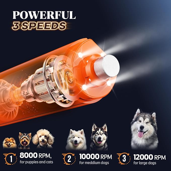 YABIFE 4-Lights Dog Nail Grinder, Easy Quick Locate Dog Nail Trimmers, for Puppy Paw Toenails or Pets from Small, Medium to Large, with Travel Lock, Whisper Quiet, Heavy Duty 3 Speeds