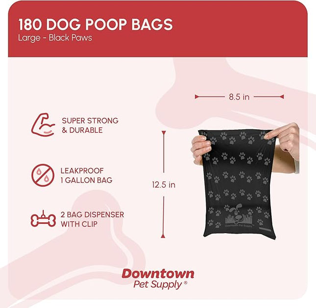 Downtown Pet Supply Poop Bags for Dogs with Dispenser, 180 Count - Leak-Proof Dog Waste Bags and Bone-Shaped Dog Poop Bags Holder for Leash - Black with Paw Prints, 12.5" x 8.5"