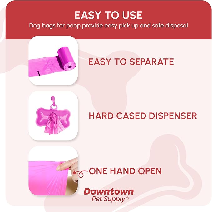 Downtown Pet Supply Poop Bags for Dogs with Dispenser, 220 Count - Leak-Proof Dog Waste Bags and Bone-Shaped Dog Poop Bags Holder for Leash - Pink, 12.5" x 8.5"