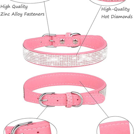 Dog Collar for Small Dogs, Adjustable Leather Suede Bling Dog Collars，Pink Dog Collar Cat Collar, Rhinestone Dog Collar(S, Pink)