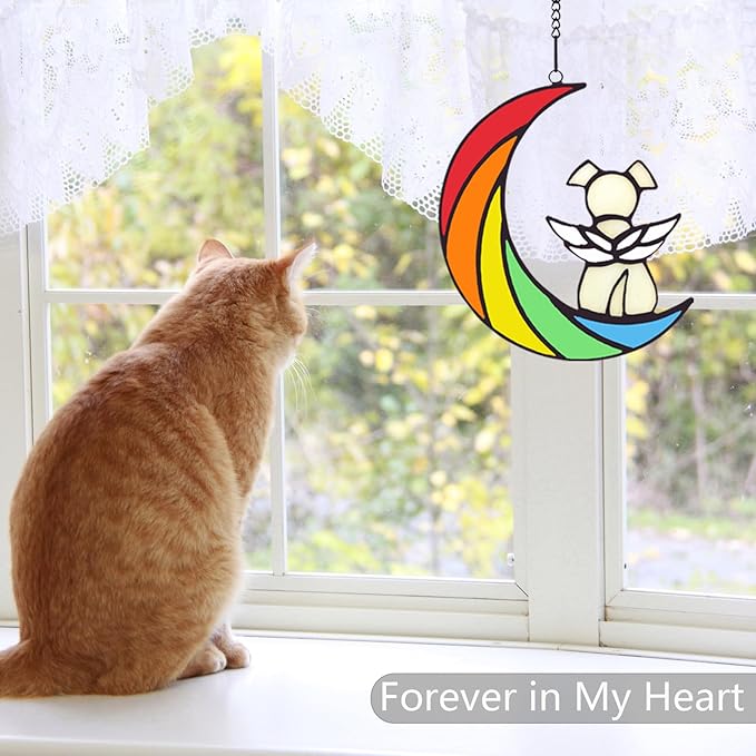 Stained Glass Rainbow Bridge Dog Memorial Gifts for Loss of Dog Sympathy Gift Suncatcher, Angel Wings Passing Away Remembrance Memory, Pet Sympathy Gifts for Dogs, Pet Lovers, Window Hanging