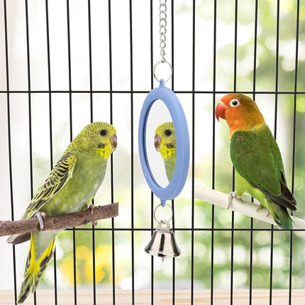 Hypeety Pet Bird Mirror with Bell Interactive Parrot Toy Bird Cage Mirror for Cockatiel Parakeets Canaries Budgie (Blue)