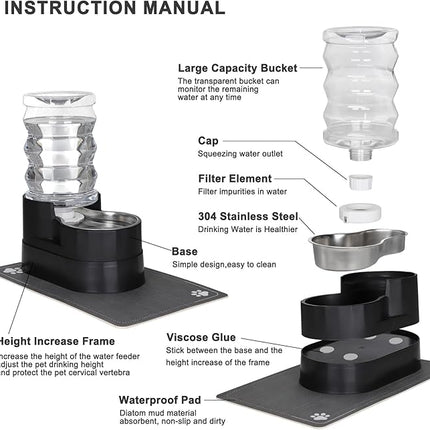 RIZZARI Automatic Cat Water Dispenser: Black 7L Elevated - Stainless Steel Gravity Feeder with Specialized Brush and Triple Filtration - Splash Guard Mat - Use in Bedroom and Livingroom