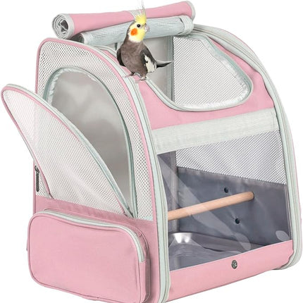 Bird Carrier Backpack with Wooden Stand Perch, Vented and Breathable Bag to Carry Parakeet Cockatiel Conure Parrot (Pink, Bird Backpack)