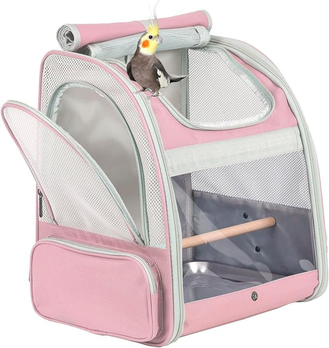 Bird Carrier Backpack with Wooden Stand Perch, Vented and Breathable Bag to Carry Parakeet Cockatiel Conure Parrot (Pink, Bird Backpack)