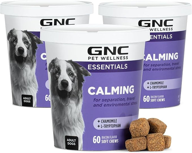 GNC Pets Essentials Calming Soft Chew Dog Supplements, Anxiety Relief Dog Calming Chews in Bacon Flavor for Adult Dogs & Puppies, Calm and Relaxation Treats for All Breeds, 60 Count - 3 Pack