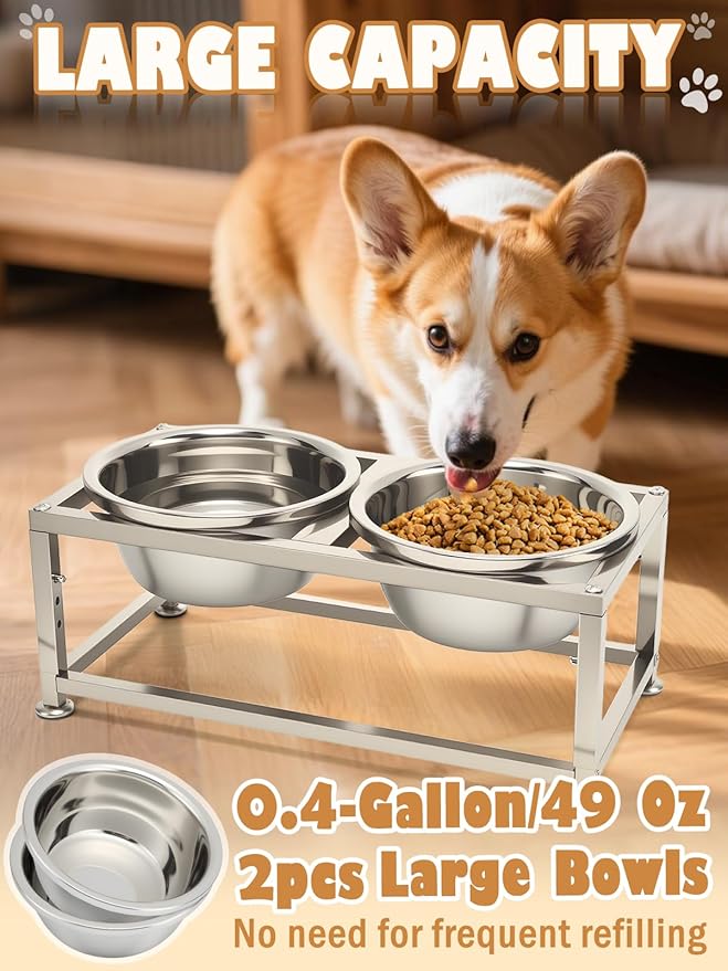 49OZ Full Metal Raised Dog Bowls for Small Dogs - 3 Height Adjustable (6.3'', 7", 7.7") Food Water Bowl, Stainless Steel Elevated Dog Bowl Feeder Station for Relief Joint Pressure