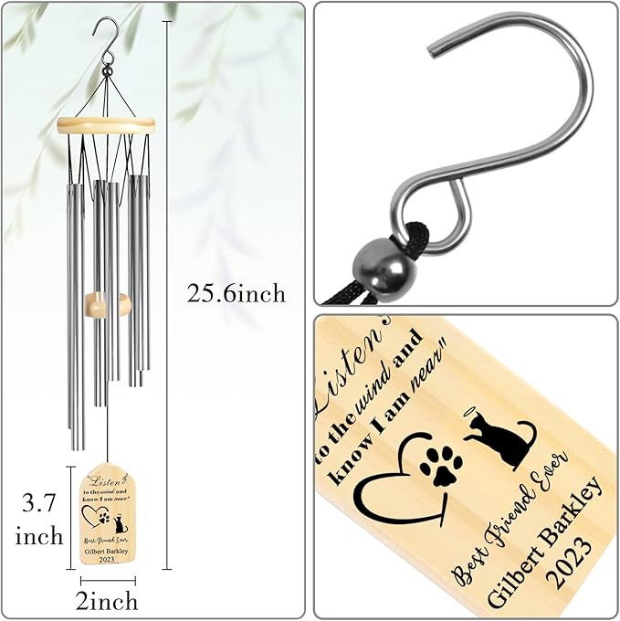 Cat Memorial Gifts for Loss of Cat, Jocidea Personalized Cat Memorial Wind Chime, Loss of Cat Sympathy Gift, Cat Remembrance Gifts, in Memory of Cat - Listen to The Wind