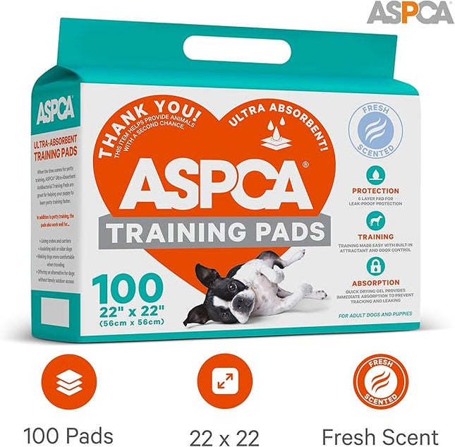 ASPCA - Scented Puppy Pads | Extra Absorbent Dog Training Pads for Cats & Dogs | Leak-Proof Layers | Odor Control & Quick-Dry | Non-Slip & Tear-Resistant | Travel Friendly | Pack of 100 | Size 22"x22'