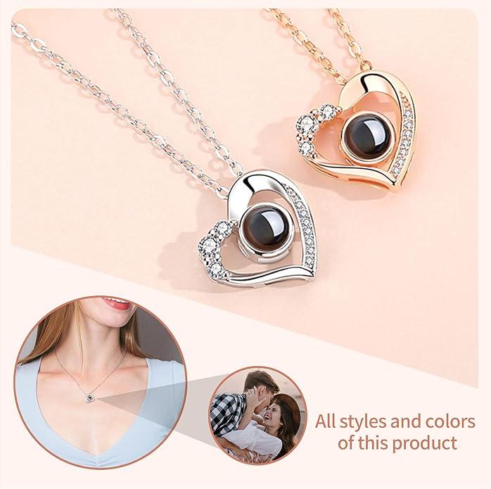 Easycosy Personalized Picture Necklace Projection Necklace with Photo Inside - Custom Photo Heart Pendant Necklace - Photo Gifts Valentines Birthday Love Memorial Gifts for Girlfriend Wife Women