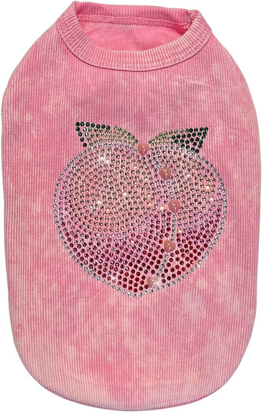 Washed Cotton Pet Vest with Rhinestone Fruit Designs, Soft & Stylish Small Dog Cat Vest for Spring Summer, Breathable & Shiny (Pink-Peach, Medium)