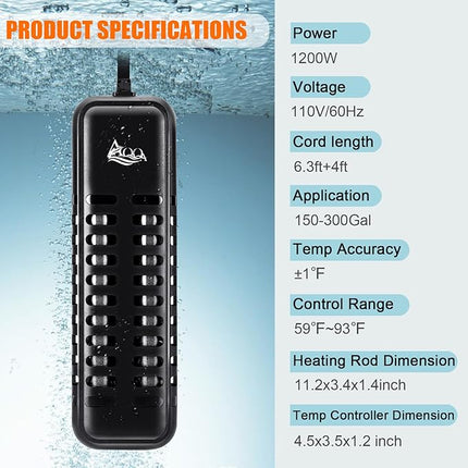 AQQA 1200W Submersible Aquarium Heater for Fish Tank 150-300 Gallon Aquarium Digital Thermostat Pond Heater with Overheating & Dry-Run Protection for Freshwater and Saltwater, Temperature Range 59-93℉