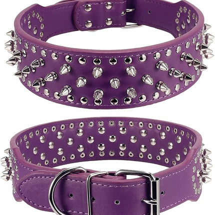 Hoot PU Leather Adjustable Spiked Studded Dog Collar 2" Wide 37 Spikes (M(Neck 19"-22"), Purple)