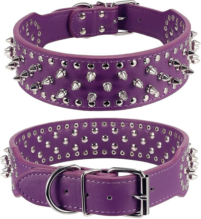 Hoot PU Leather Adjustable Spiked Studded Dog Collar 2" Wide 37 Spikes (M(Neck 19"-22"), Purple)