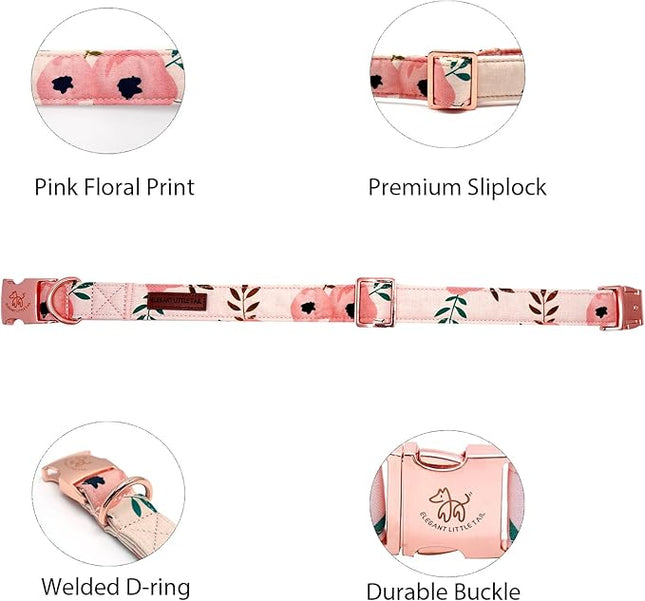 Elegant little tail Dog Collar, Pink Floral Girl Pet Collar Durable Cute Dog Collars Summer Female Pet Gift Adjustable Dog Collar for Large Dogs