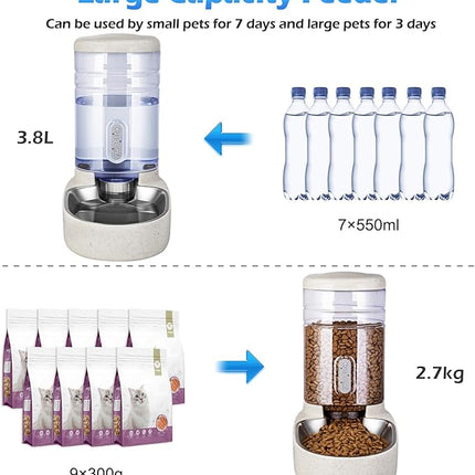Automatic Cat Feeder and Water Dispenser with Stainless Steel Bowl Gravity Food Feeder and Waterer Set for Small Medium Dog Puppy Kitten 1 Gallon x 2(Beige)