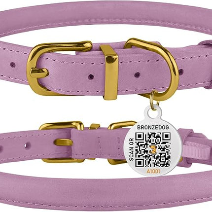 BronzeDog Rolled Leather Dog Collar with QR ID Tag, Adjustable Soft Round Collars for Small Medium Large Dogs Puppy (9" - 11" Neck Size, Lavender)