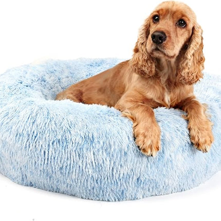 Dog Beds for Medium Dogs Washable Calming Blue Fluffy and Soft Anti Anxiety Faux Fur Round 30 in Pet Bed for Doggie