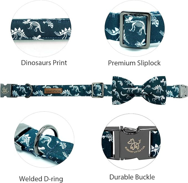 Elegant little tail Dog Collar, Dinosaurs Print Pet Collars with Bow Soft Cutton Boy Puppy Gift Adjustable Blue Bowtie Dog Collar for Medium Dogs