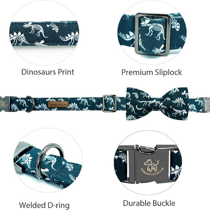 Elegant little tail Dog Collar, Dinosaurs Print Pet Collars with Bow Soft Cutton Boy Puppy Gift Adjustable Blue Bowtie Dog Collar for X-Large Dogs