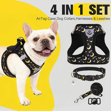 EXPAWLORER Small Dog Harness and Leash Set - Cute Puppy Harness Leash Dog Collar with AirTag Holder Silicone Case, Soft Padded Step in Pet Vest Reflective for Outdoor Walking, Star-Moon M