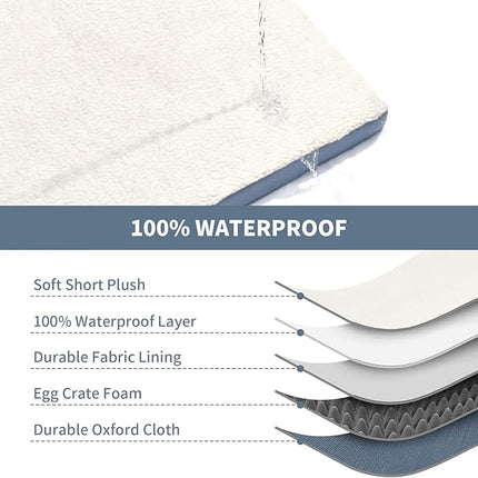 Plush Orthopedic Dog Bed for Medium Dogs & Puppies, Waterproof Dog Beds 30x20 Inch with Removable Washable Cover, Egg Crate Foam Flat Pet Mat, Blue White
