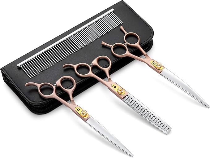 7 Inch Professional Pet Grooming Scissor, 440C Japanese Steel Straight & Curved & Thinning & Chunker Shears/Scissors for Dog Cat and More Pets (7-inch-Grooming Scissors Set 02)