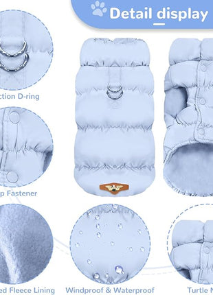 Winter Warm Dog Jacket for Small Medium Dogs Cat Cold Weather Coats with Harness Paded Dogs Fleece Vest Waterproof Windproof Dog Snow Jacket Pet Puppy Clothes (Light Blue,XS)