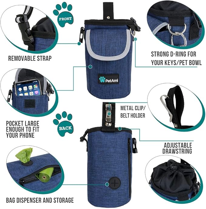 PetAmi Dog Treat Pouch, Large Pet Training Treat Pouch with Pocket, Dog Trainer Essentials Supply Holder with Poop Bag Dispenser, Training Bag for Kibbles Toys, 3 Ways to Wear (Navy)
