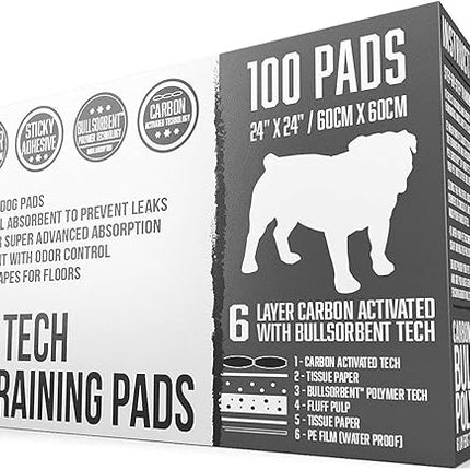 Bulldoglogy Carbon Black Puppy Pee Pads with Adhesive Sticky Tape - Large Charcoal Housebreaking Dog Training Wee Pads (24x24) 6 Layers with Extra Quick Dry Bullsorbent Polymer Tech (100-Count)